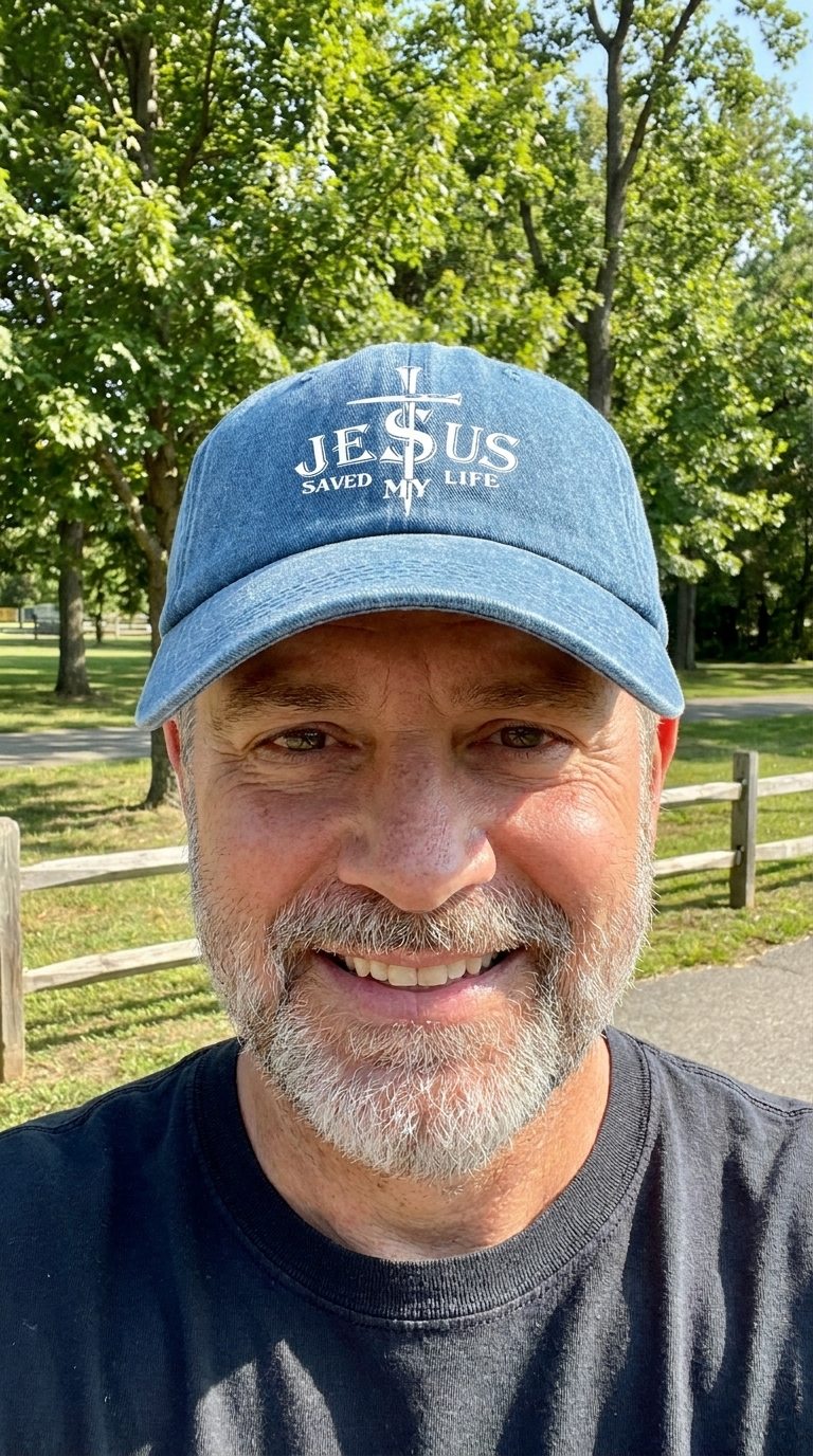 Customer wearing the Jesus Saved My Life Baseball cap