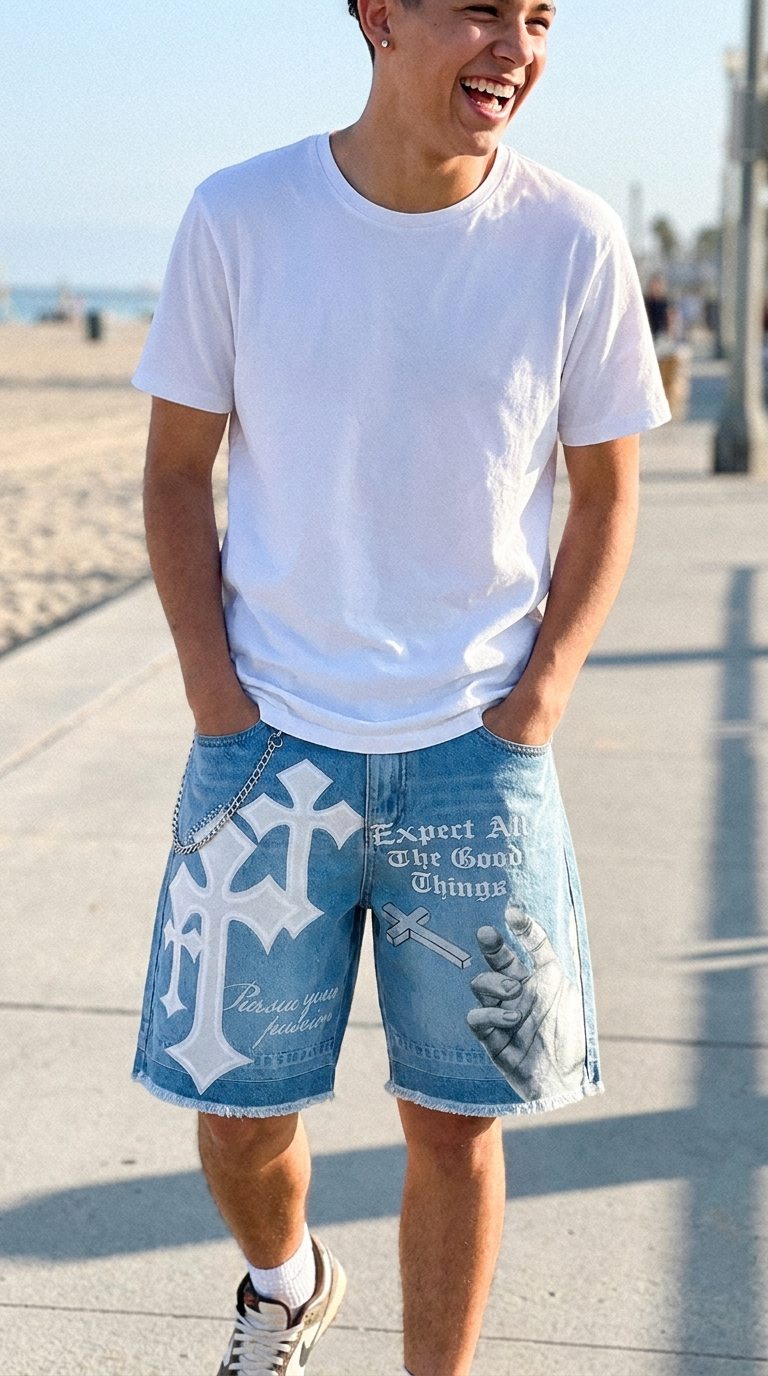 Customer wearing the Expect All The Good Things Oversized Unisex Denim Shorts