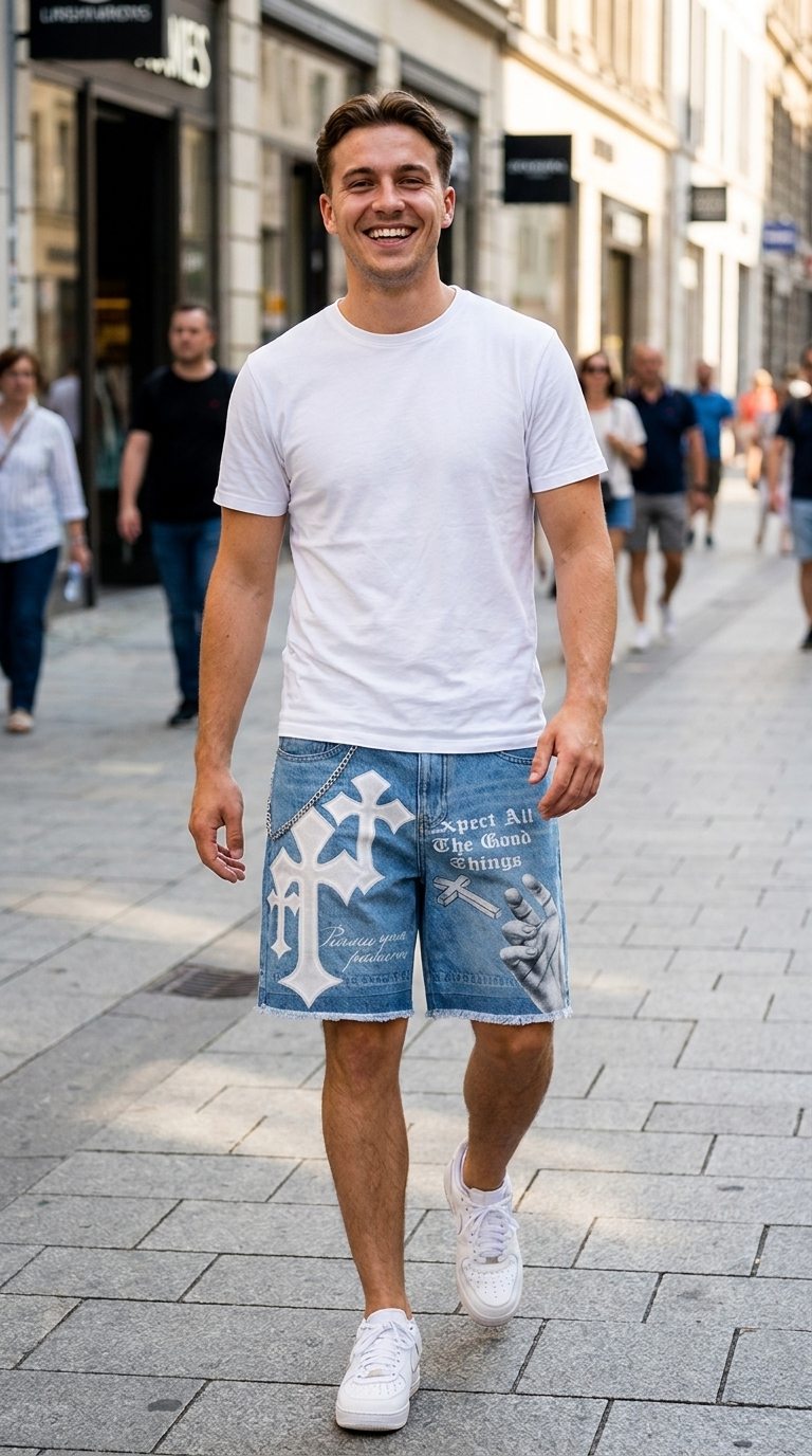 Customer wearing the Expect All The Good Things Oversized Unisex Denim Shorts