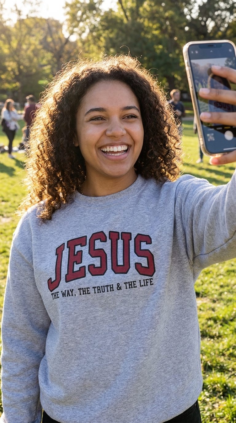 Customer wearing the JESUS - The Way, The Truth, The Life Sweatshirt