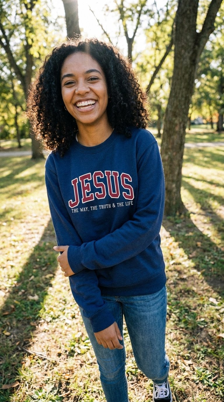 Customer wearing the JESUS - The Way, The Truth, The Life Sweatshirt